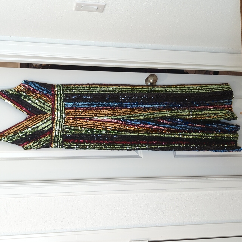 Sequins jump suit rainbow colors New Years Eve outfit